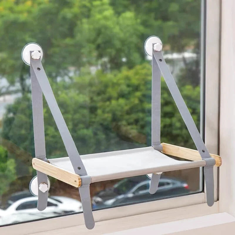 Hamac à Chat Fenêtre Bois et Tissu Gris avec Ventouse