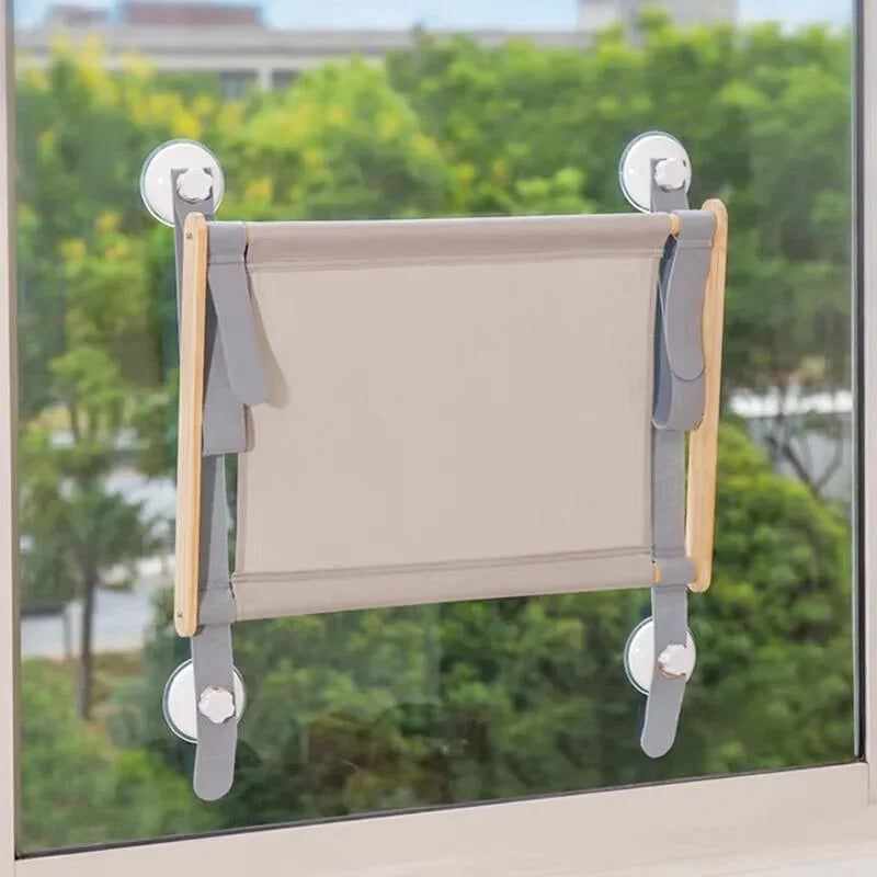 Hamac à Chat Fenêtre Bois et Tissu Gris avec Ventouse