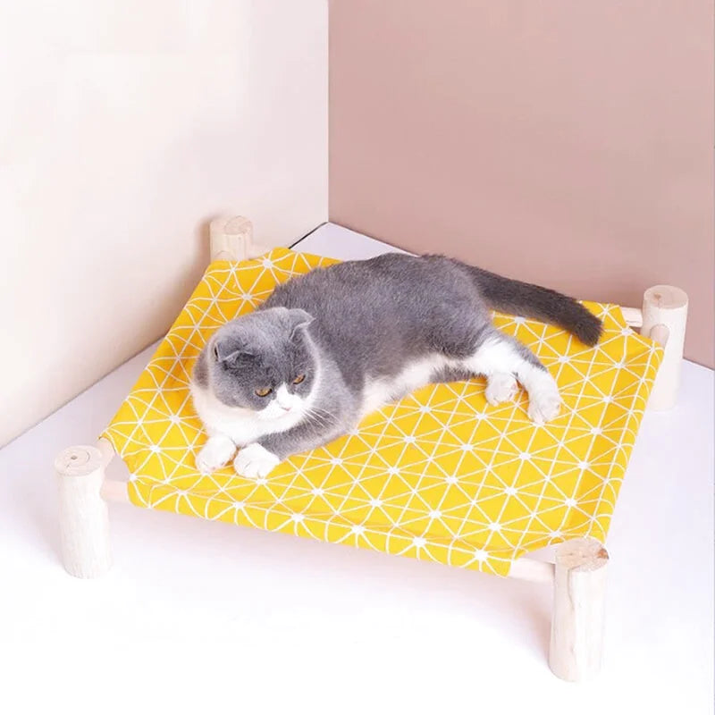 Lit en Bois Chat Respirant - Motif Jaune Nordique